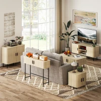 HOMCOM Console meuble, table console avec portes coulissantes à lattes et pieds en acier, pour salon, chêne et noir(m-8)
