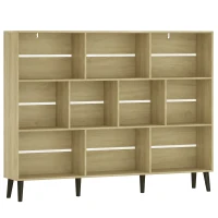 HOMCOM 10-Cube Bookcase, 3-Tier Book Shelf with Solid Wood Legs, 140 cm Modern Bookshelf with Anti-Tip Kit, Oak(m-1)