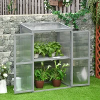 Outsunny Wooden Cold Frame Greenhouse Polycarbonate Garden Grow House for Flower Vegetable Plants with Adjustable Shelf, Double Doors, 76 x 47 x 110cm, Light Grey(m-2)
