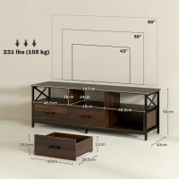 HOMCOM Mobile TV Industriale con 3 Cassetti e 3 Ripiani Aperti, in Legno e Acciaio, 147x40x50 cm, Nero e Marrone(m-3)