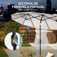 Outsunny Sombrilla Doble de Jardín 295x152x222 cm con Inclinación de 45° y Manivela Manual para Terraza Balcón Piscina Crema(m-6)