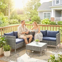 Outsunny 4 Piece Rattan Garden Furniture Set, Outdoor Corner Sofa Set with Storage Table, Loveseats, Cushions - Dark Blue(m-2)