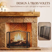 HOMCOM Pare Feu Cheminée Pliable 3 Panneaux, Pare-Étincelles Cheminée, Motif Floral, Métal, 107 x 60 cm, Noir(m-5)