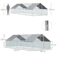 PawHut Enclos poulailler chenil volière extérieur 24 m² - Parc grillagé dim. 3L x 8l x 2H m - Espace Couvert - Acier galvanisé(m-3)