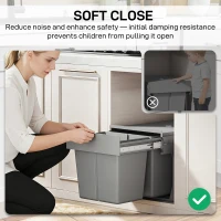 HOMCOM Pull Out Bin, Under Sink Bin - 2 Removable Compartments (15L Each) for 400mm Cabinets, Light Grey(m-7)