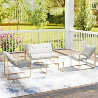 Outsunny Salon de jardin extérieur 4 pièces avec coussins ultra-épais 15cm canapé 2 places avec table basse et 2 fauteuils kaki(m-9)