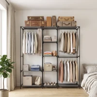 HOMCOM Dulap Textil Compact cu 3 Bare pentru Umerașe, 5 Rafturi și Structură din Oțel, 182 x 43 x 182 Cm, Negru(m-9)