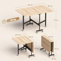 HOMCOM Tavolo Pieghevole per 4-6 Persone con 2 Ribalte e Ruote con Freno, 120x80x73 cm, Rovere(m-3)