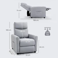 HOMCOM Fotoliu Reclinabil 135° Material cu Efect de In, Spumă, Oțel și Lemn, 73x86x100 cm, Gri Deschis(m-3)