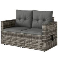 Outsunny 2 Seater Rattan Garden Sofa Outdoor Loveseat with Hidden Side Trays and Cushions for Patio Balcony, Dark Grey(m-11)