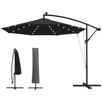 Outsunny 3 m Cantilever Parasol with Solar LED Lights Garden Umbrella with Cross Base, Black(m-12)
