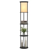 HOMCOM Stehlampe mit 3 Regalen, rundes Design, Fernbedienung, Fußschalter, verstellbare Lichtwärme, für Wohnzimmer, Schwarz(m-12)