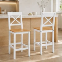 HOMCOM Set di 2 Sgabelli Bar, Sgabelli Cucina Alti con Schienale Alto, Poggiapiedi, in Legno di Pino, Naturale e Bianco(m-2)