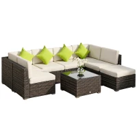 Outsunny 7-Seater PE Rattan Corner Sofa Set, Garden Furniture Set, Patio Wicker Sofa Seater w/ Cushion, Washable Cushion Cover & Tempered Glass Table, Brown(m-1)
