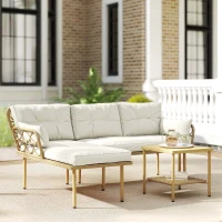 Outsunny Salon de jardin d'angle 4 pers. 3 pièces avec 1 table basse coussins grand confort inclus résine tressée crème(m-9)