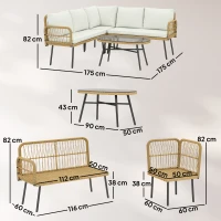 Outsunny Polyrattan Tuinmeubelset 4-delig, Loungeset met Hoekbank Tweezitsbank Glazen Tafel Afneembare Kussens voor 5 Personen(m-3)