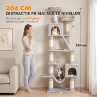 PawHut Ansamblu Joacă Pisici XXL Multinivel 204 cm cu Stâlpi Sisal, Culcușuri și Hamac, 60x48x204 cm, Gri Deschis(m-4)
