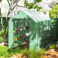 Outsunny Walk-in Greenhouse with 3 Tier 12 Shelves, Small Greenhouse with Reinforced PE Cover, Garden Plant Growhouse with Roll-up Door and Three Mesh Windows, 140 x 213 x 190 cm, Green(m-10)