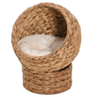 PawHut Woven Banana Leaf Elevated Cat Bed Wicker Kitten Basket Pet Den, House Cosy Cave with Soft Cushion Dome 50x42x60cm Brown(m-1)