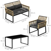 Outsunny Polyrattan Tuinmeubelset voor 4 Personen, Weerbestendig Balkonmeubelset met Tweezitsbank, 2 Stoelen, Glazen Tafel en Zitkussens Zwart(m-3)