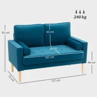 HOMCOM Canapé 2 places moderne en velours 127 cm avec coussins épais, 2 oreillers et assise capitonnée, bleu(m-3)