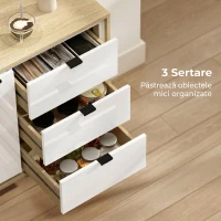 HOMCOM Bufet Modern cu 3 Sertare și Dulap, Raft Interior Reglabil și Uși Lucioase, Alb și Stejar(m-5)