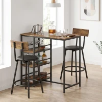 HOMCOM Space Saving Bar Table and PU Leather Stools for 2, 3 Piece Breakfast Bar Table Set with Storage Shelves, Rustic Brown(m-14)
