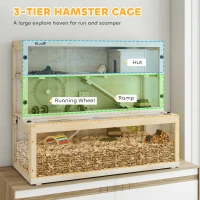 PawHut Wooden Hamster Cage with Hut, Wheel, Ramps, Removable Viewing Panels, 100 x 50 x 84 cm, Natural Wood(m-4)