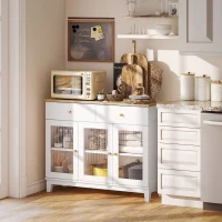 HOMCOM Bufet de Bucătărie cu 2 Sertare și 2 Dulapuri cu Uși din Sticlă, din Lemn, 100x35x80,3 cm, Alb și Stejar(m-9)