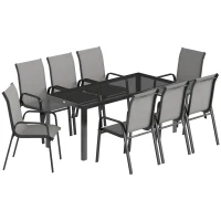 Outsunny Set da Esterno 9pz con 8 Sedie Impilabili in Texteline e Tavolino da Caffè con Piano in Vetro, Grigio Chiaro(m-1)