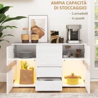 HOMCOM Credenza Moderna con LED Regolabile con Telecomando, 4 Cassetti e 2 Armadietti, 120x34x70 cm, Bianco(m-3)