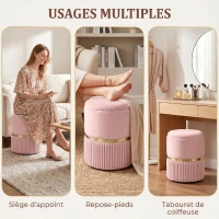 HOMCOM Pouf tabouret repose-pied coffre de rangement en velours côtelé 36 x 36 x 44 cm pour salon chambre rose(m-6)