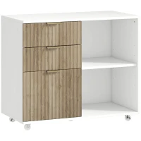 HOMCOM Suport pentru imprimantă pe roți, 3 sertare, 2 rafturi deschise, design ondulat, 80x40x68cm, Alb Stejar(m-1)