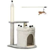 PawHut Albero Tiragraffi per Gatti con Casetta e Lettino, Rivestimento Peluche e Gioco, 48x48x86cm, Grigio(m-1)