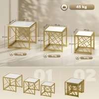 HOMCOM Nesting Coffee Tables, Set of 3 Square Side Tables with Gold Metal Frame, for Living Room, Bedroom and Office, White(m-3)