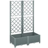 Outsunny Raised Garden Bed with Trellis, Plastic Planter Box with Drainage Holes, Drain Plugs and Water Reservoirs for Climbing Plants, Vegetables, Flowers, Grey(m-1)