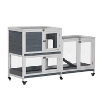 PawHut Clapier intérieur bois avec roulettes 2 étages rampes - dim. 147L x 45,5l x 88,5H cm - gris et blanc(m-12)