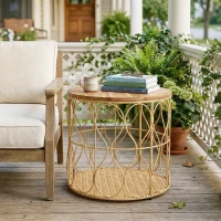 Outsunny Bijzettafel Ø50 cm weerbestendig Tuintafel met rotanlook Acaciahouten tafelblad verstelbare voetjes Teak(m-7)