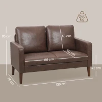 HOMCOM Canapea modernă cu 2 locuri, tapițerie din material textil cu aspect de piele respirabilă și picioare din lemn, 130x78x85 cm, maro închis(m-3)