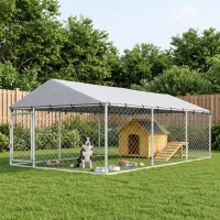 PawHut Außen-Hundezwinger mit verzinktem Gitter und Schloss, aus Stahl und Oxford-Gewebe, 4x2.3x1.5 m, Silber(m-6)