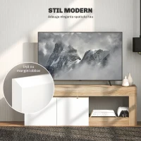 HOMCOM Dulap TV Modern pentru televizoare de până la 60" cu dulapior cu 2 uși și raft deschis, 140x40x48 cm, alb și culoare lemn(m-4)