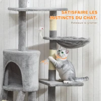 PawHut Arbre à Chat Tour de Jeux pour Chats Stable Multi-Niveaux avec Niche 3 Plate-Formes Hamac 60x35x134cm Gris(m-7)