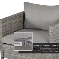 Outsunny 4 Pieces PE Rattan Garden Furniture with Cushion, Outdoor Wicker Conservatory Sofa Set w/ Armchairs, Loveseat, Glass Top Coffee Table, Grey(m-6)