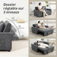 HOMCOM Canapé convertible 2 places, canapé-lit clic-clac en chenille, dossier réglable, 2 coussins, poche latérale, gris(m-5)