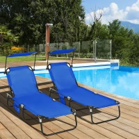 Outsunny Set of Two Folding Sun Loungers, with Adjustable Backs and Sun Canopies - Blue(m-10)