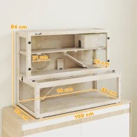 PawHut Wooden Hamster Cage with Hut, Wheel, Ramps, Removable Viewing Panels, 100 x 50 x 84 cm, Natural Wood(m-3)