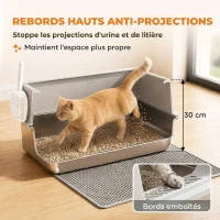 PawHut Bac Litière pour Chat en INOX Couvercle Bords Hauts Pelle et Tapis Anti-Adhérent Anti-Odeurs 60x40x30cm Gris Clair(m-6)