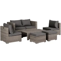 Outsunny Conjunto de Muebles de Jardín 8 Piezas de Ratán Sintético con 2 Mesas Reposapiés y Cojines para Patio Terraza Marrón y Gris(m-1)