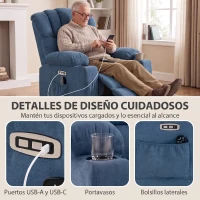 HOMCOM Sillón Relax Reclinable Eléctrico Levanta Personas Masaje Vibratorio y Calor Asiento Ancho USB-C USB-A Bolsillos Azul(m-8)