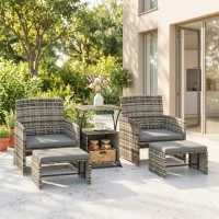 Outsunny 6 Piece Rattan Garden Furniture, Space-Saving Patio Furniture Set with Nesting Tables, Chairs, Stools, Cushions, Grey(m-2)